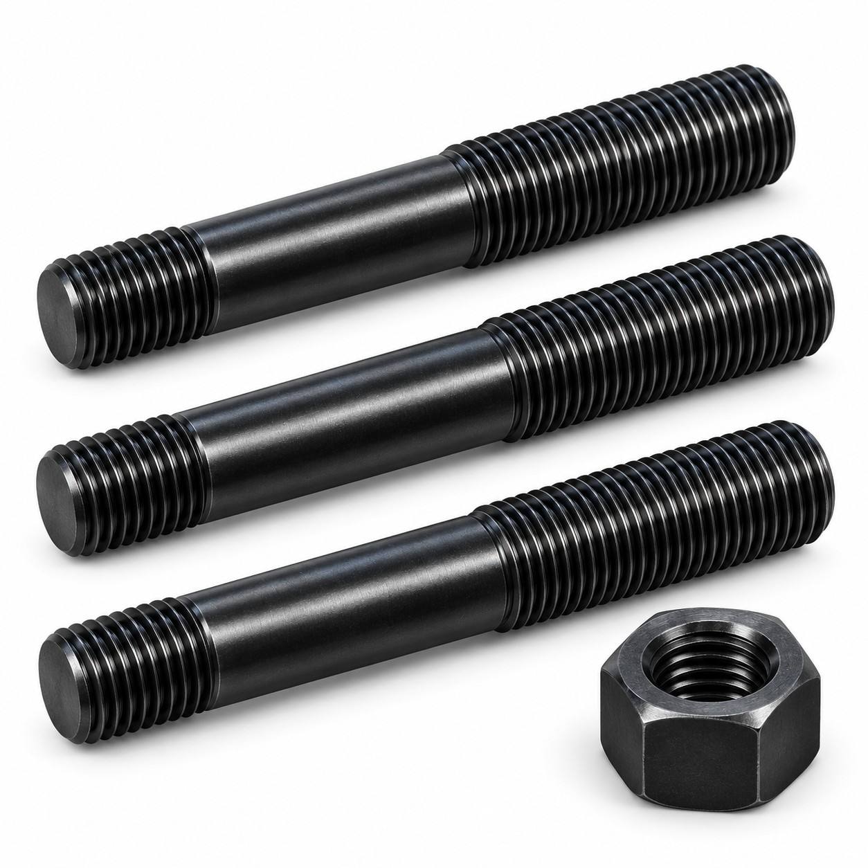 Illustration of black steel tap-end studs with smooth center shanks and threaded ends beside a heavy hex nut