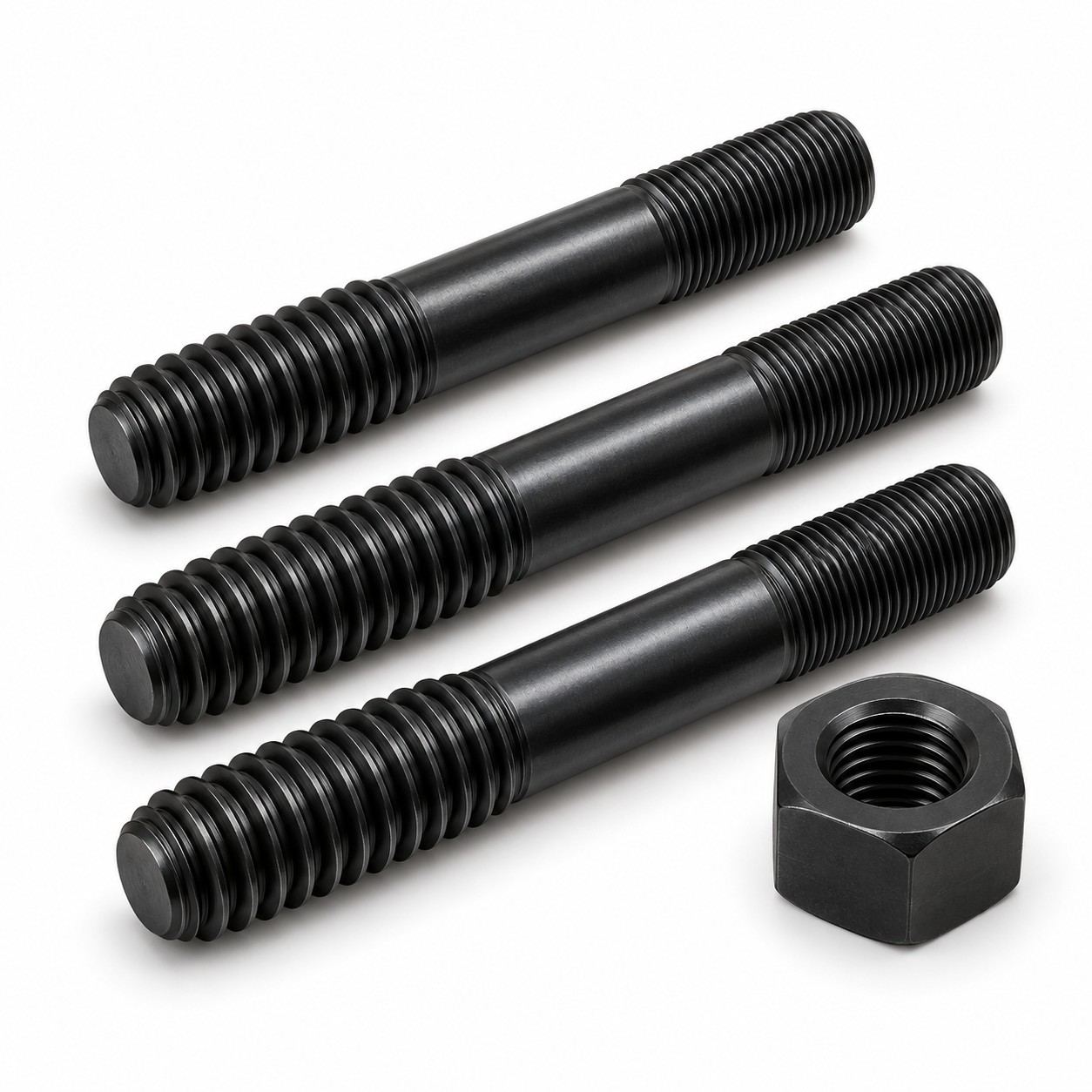 Representative black alloy steel combo studs with different thread pitches at opposite ends and a heavy hex nut